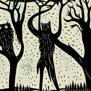 Mothman and Owlman team up and hijinks ensue - cryptid AI woodblock linocut style 8x10 inch print