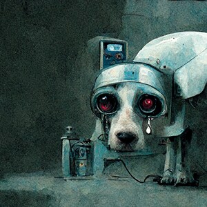 May include: A digital illustration of a dog with robotic enhancements. The dog has red eyes and tears, with a metallic headpiece and body components. The artwork is set against a dark, textured background, creating a somber mood.