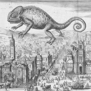 May include: A detailed black and white illustration depicts a large chameleon hovering over a city. The chameleon, with a textured body and curled tail, is the focal point. The city below features detailed buildings, streets, and figures, creating a sense of scale and fantasy.