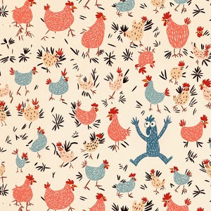 May include: A whimsical illustration featuring a blue monster surrounded by a variety of colorful chickens. The chickens are depicted in various poses, with some standing, some walking, and some pecking at the ground. The background is a light beige color with black and white abstract shapes.
