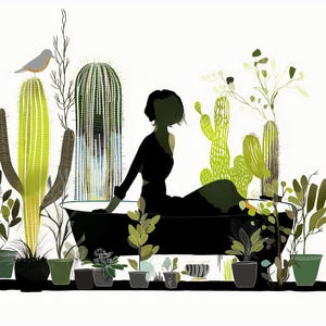 May include: Illustration of a person in a black dress sitting in a black bathtub surrounded by potted plants and cacti. A small gray bird perches on a tall green cactus. The background is white.