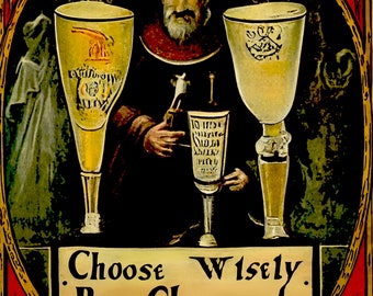 Indiana jones vintage advertisement ad beer wine spirits alcohol choose wisely poorly grail last crusade AI illustration style 8x10 in print