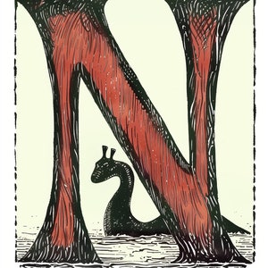 May include: A black and red illustration of the letter N with a black silhouette of a giraffe-like creature in the center.