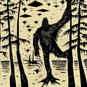 Bigfoot wants you to note they aren’t the same as Sasquatch - cryptid AI woodblock linocut style 8x10 inch print