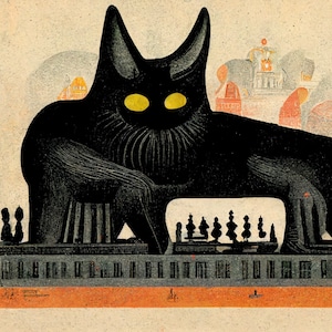 Behemoth versus all of Moscow, the master and margarita cat - AI vintage abstract surreal drawing illustration style 8x10 inch art print