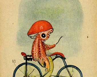 Squid on a bicycle  - AI vintage 8x10 inch art print