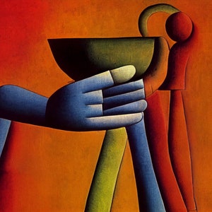 May include: Abstract painting featuring a blue hand holding a green bowl. A red and orange figure is behind the bowl. The background is a gradient of orange and red. The artwork has a geometric and stylized appearance.