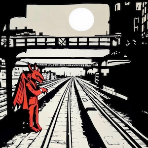 May include: Illustration of a red devil in a suit standing on train tracks. The artwork is in black and white with a large white moon in the background. The devil is wearing a red suit and cape, and the scene has a surreal, comic book style.