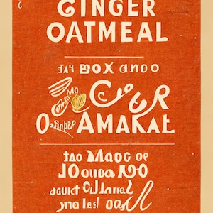 May include: A vintage box of Maple Ginger Oatmeal cereal. The box is orange with white text and a gold illustration of a bowl of cereal with a spoon and a maple leaf.