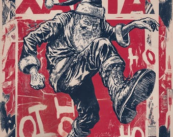Skanking santa Oi Ho - 80s punk ska slam dance skank vintage band music poster - red and blue Christmas AI illustration style 8x10 in Print