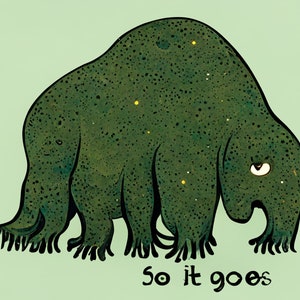 May include: A green, cartoon-like creature with a single eye and many legs. The creature is walking on a light green background. The text "So it goes" is written below the creature.