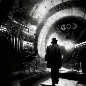 Man finds god in the large hadron collider - film noir  - AI photograph style 8x10 Inch Print