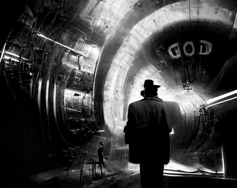 Man finds god in the large hadron collider - film noir  - AI photograph style 8x10 Inch Print