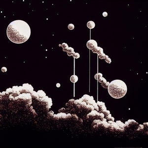 May include: A black and white illustration of a night sky with clouds, stars, and planets. The planets are connected to the clouds by thin lines.