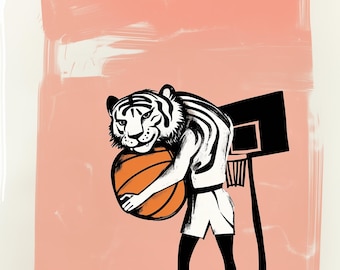 Jake tiger basketball star - Siberian cat shooting hoops NBA - animorphs applegate - vintage illustration drawing style, 8x10 inch Print