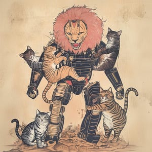 May include: A robot with a lion's head and mane is surrounded by five cats. The robot is wearing black armor and has a red and black design on its chest. The cats are all different colors and patterns. The robot is standing on a brown surface.