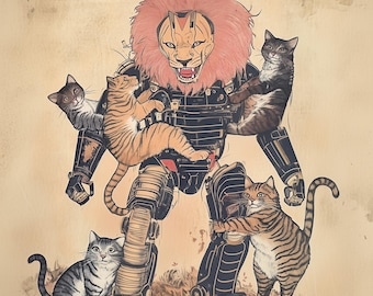 Five cats come together to form build Voltron - construct vintage feline lion robot 80s beast king golion anime style 8x10 inch art print