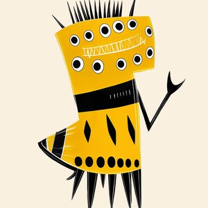 May include: A yellow cartoon monster with black eyes, a black mouth, and black spikes. The monster has a black and yellow striped body and is wearing a black belt.