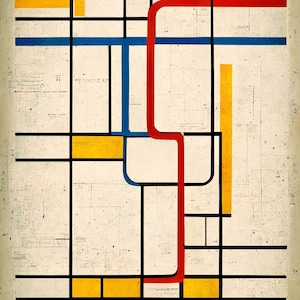 May include: Abstract geometric painting with a grid pattern in black lines. The painting features a red, blue, and yellow color scheme. The red line forms a curved shape, the blue line is straight, and the yellow lines are rectangular.