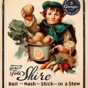 May include: Vintage advertisement featuring a young person holding potatoes, carrots, and greens. The image includes text that reads "Honve Fietle Shire" and "Boil em Mash em Stick em in a Stew". A round emblem reads "S. Gamgee produce".