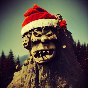 May include: A wooden sculpture of a face wearing a red Santa hat with white trim. The sculpture is weathered and has a rough texture. The face has a wide, toothy grin.