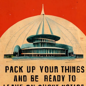 May include: A vintage poster with a red background and a beige foreground. The poster features a black and white illustration of a futuristic building with a dome-shaped roof. The text on the poster reads "Pack up your things and be ready to leave on short notice."
