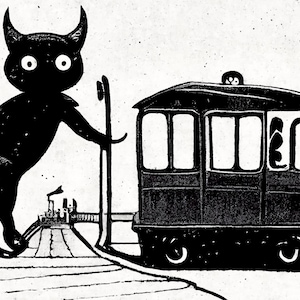 2 prints - Begemot solved the trolley problem, Begemot versus all of Moscow - master and margarita - AI illustration style 8x20 inch prints
