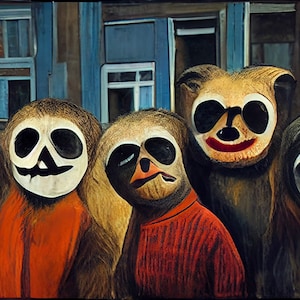 May include: Five sloths wearing different costumes. One sloth is wearing a white mask with a black skull and crossbones design. Another sloth is wearing sunglasses and a red smile. The sloths are standing in front of a blue and brown building.
