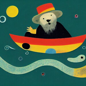 May include: A whimsical illustration of a bear wearing a red and yellow hat, sitting in a red, yellow, and blue boat. The boat is floating on a green background with a white and yellow wavy line and a few small circles.