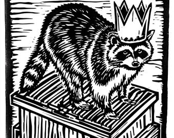 Little king trashmouth - bobs burgers crown raccoon alley dumpster trash mouth - AI woodblock linocut black white style 8x10 inch print