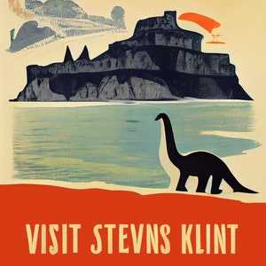 May include: A vintage travel poster with a black silhouette of a dinosaur standing in front of a large cliff with the text "VISIT STEVNS KLINT" in white letters on a red background.