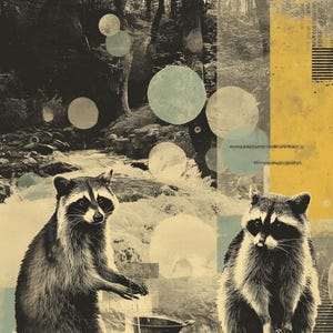 May include: An artistic print featuring two raccoons near a stream in a forest setting. The image has a vintage aesthetic with a color palette of black, white, yellow, and blue. The raccoons are positioned near metal bowls.