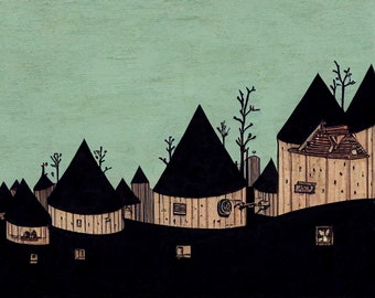 Fairies and witches have to live on a hill - AI Vintage halloween illustration style 8x10 inch art print