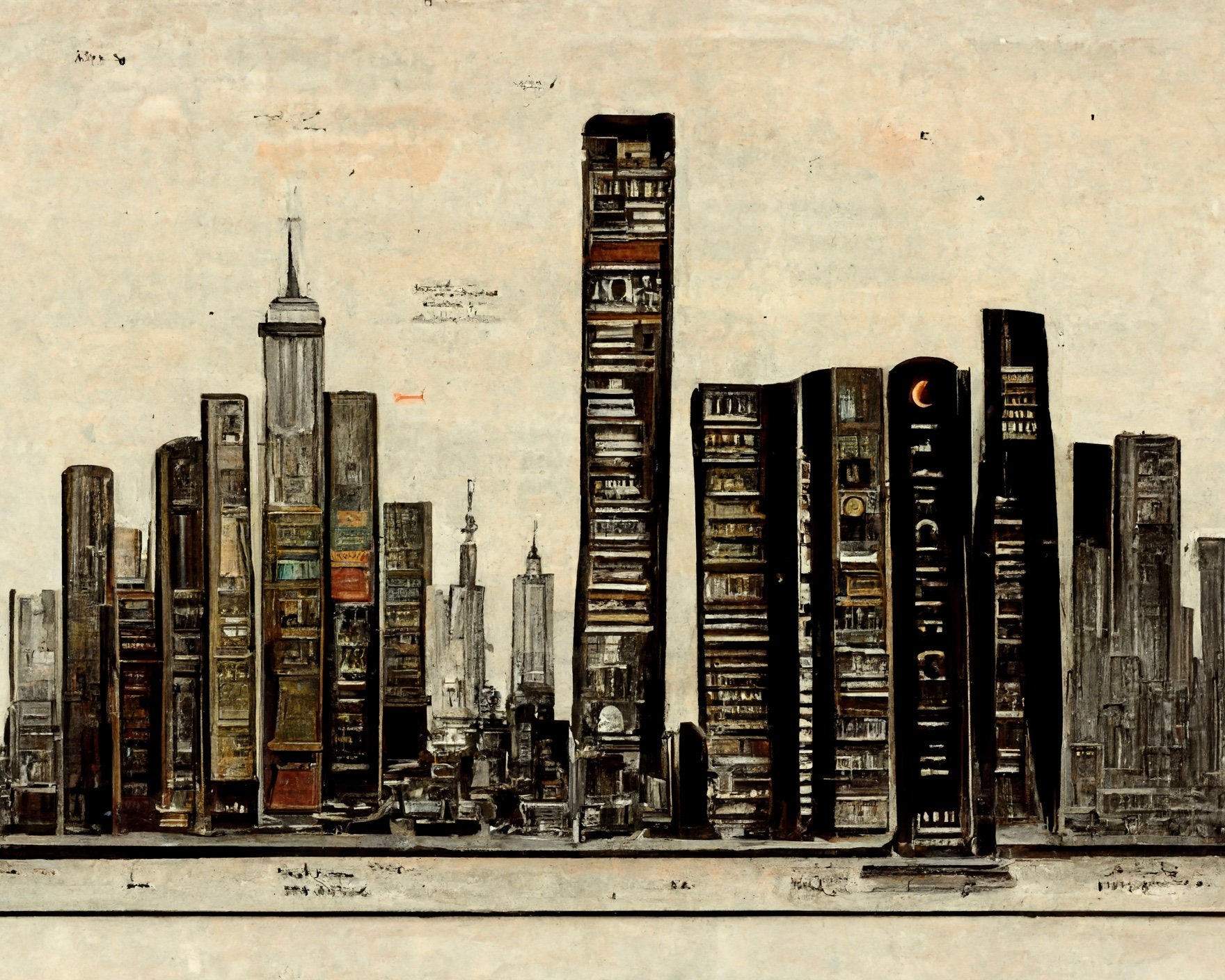 The city on my bookshelf - books lined up like buildings architecture and busy city life - vintage illustration style 8x10 inch art print