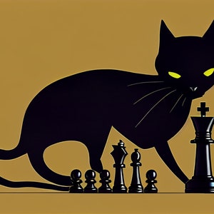May include: A black cat with yellow eyes sits in front of a chessboard. The cat is looking at the chess pieces, including a black king and several black pawns.