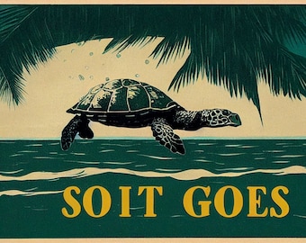 Kurt Vonnegut “so it goes” quote - Galápagos tortoise in limbo - AI vintage illustration style 8x10 inch art print