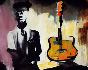 Tom Waits is haunted by the guitar of Tin Pan Alley - AI painting style 8x10 inch art print