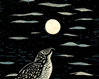 Whippoorwill bird at night - AI linocut style 8x10 inch art print