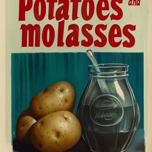 May include: A vintage advertisement for molasses featuring a glass jar of molasses with a spoon and three potatoes on a blue background. The text reads "Potatoes and molasses".