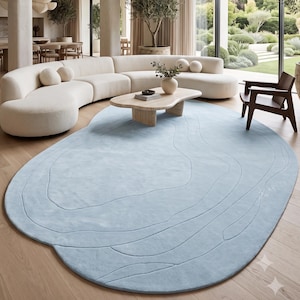 Handloom New Zealand Wool Rug Irregular Organic Shape Carpet Light Blue Carved Wavy Curvy Modern Plush Soft Amoeba Pebble Abstract Area Home