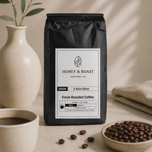 Op de afbeelding: Een zwarte koffiezak met een wit etiket met de tekst Honey & Roast Coffee Co, 6 Bean Blend, Fresh Roasted Coffee en Net Weight 12 oz (340g). De zak is omringd door verspreide geroosterde koffiebonen, een kopje koffie en een kommetje.