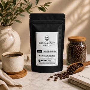 May include: A black coffee bag labeled Honey & Roast Coffee Co. Fresh Roasted Coffee with a net weight of 12 oz (340g). The bag features a white label with black text, a coffee cup icon, and origin details. It is displayed with coffee beans.