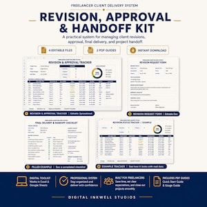 Puede incluir: Un sistema digital de entrega para clientes freelance que incluye un rastreador de revisiones y aprobaciones, un formulario de solicitud de revisión, una lista de verificación de entrega final y un rastreador de ejemplo. Incluye cuatro archivos editables.