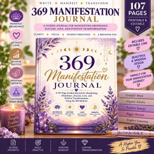 May include: A 369 Manifestation Journal with 107 pages, featuring a purple and gold cover with celestial and crystal illustrations. The journal includes guided prompts for abundance, success, love, and growth, alongside a matching purple candle and pen.