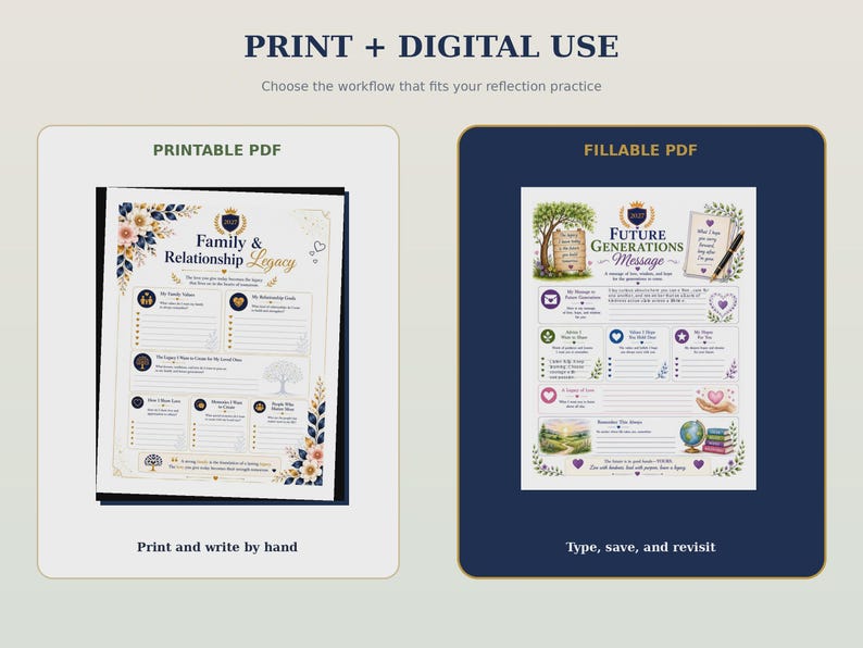 Pu&ograve; includere: Due modelli di documenti digitali intitolati Family & Relationship Legacy e Future Generations Message. I layout presentano bordi floreali, illustrazioni di alberi e sezioni strutturate per scrivere o digitare riflessioni personali.