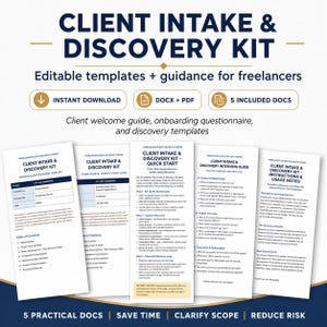 Puede incluir: Un kit de descubrimiento y recepción de clientes para freelancers que incluye cinco plantillas editables en formatos DOCX y PDF. El kit contiene una guía de bienvenida, un cuestionario de incorporación y plantillas de descubrimiento.