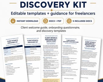 Kit di onboarding e di analisi per i clienti / Modello di acquisizione dati, guida all'intervista e modelli modificabili per i freelance.