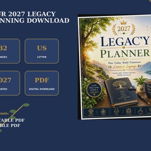 Pu&ograve; includere: Un pianificatore di eredit&agrave; 2027 in download digitale da 32 pagine in formato US Letter. La copertina mostra un grafico ad albero, il testo '2027 LEGACY PLANNER' e citazioni ispiratrici. Include un PDF stampabile e compilabile.