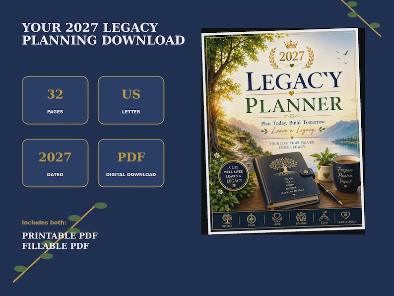 Pu&ograve; includere: Un pianificatore di eredit&agrave; 2027 in download digitale da 32 pagine in formato US Letter. La copertina mostra un grafico ad albero, il testo '2027 LEGACY PLANNER' e citazioni ispiratrici. Include un PDF stampabile e compilabile.