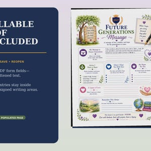Pu&ograve; includere: Un modello di documento digitale intitolato Future Generations Message con campi PDF compilabili. La pagina presenta illustrazioni di un albero, un mappamondo, libri e cuori, con sezioni per consigli, valori e speranze per il futuro in un layout bianco.